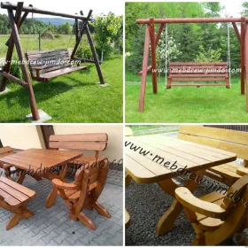 Stół ogrodowy z ławkami i fotelami drewniany