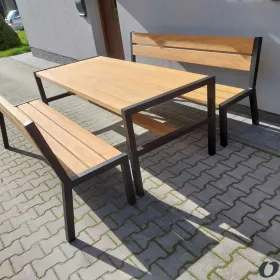 Stół ogrodowy loft drewno + metal ławki fotele zestaw