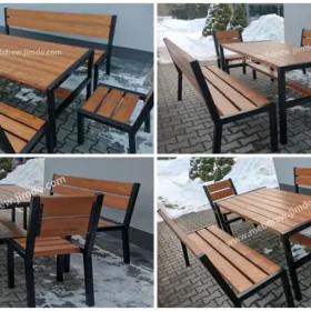Stół ogrodowy loft drewno + metal ławki fotele zestaw