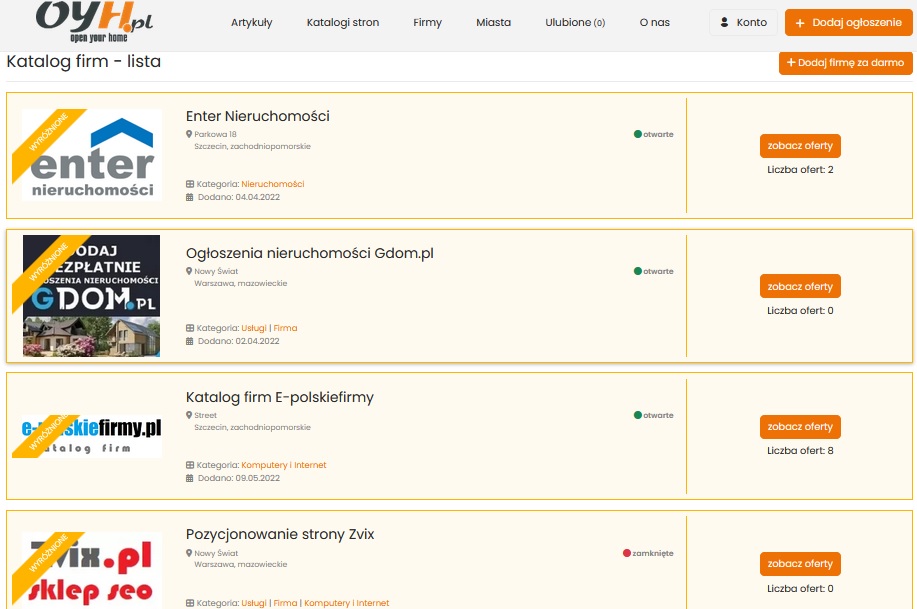Masz firmę? Dodaj za darmo do katalogu firm na Oyh.pl
